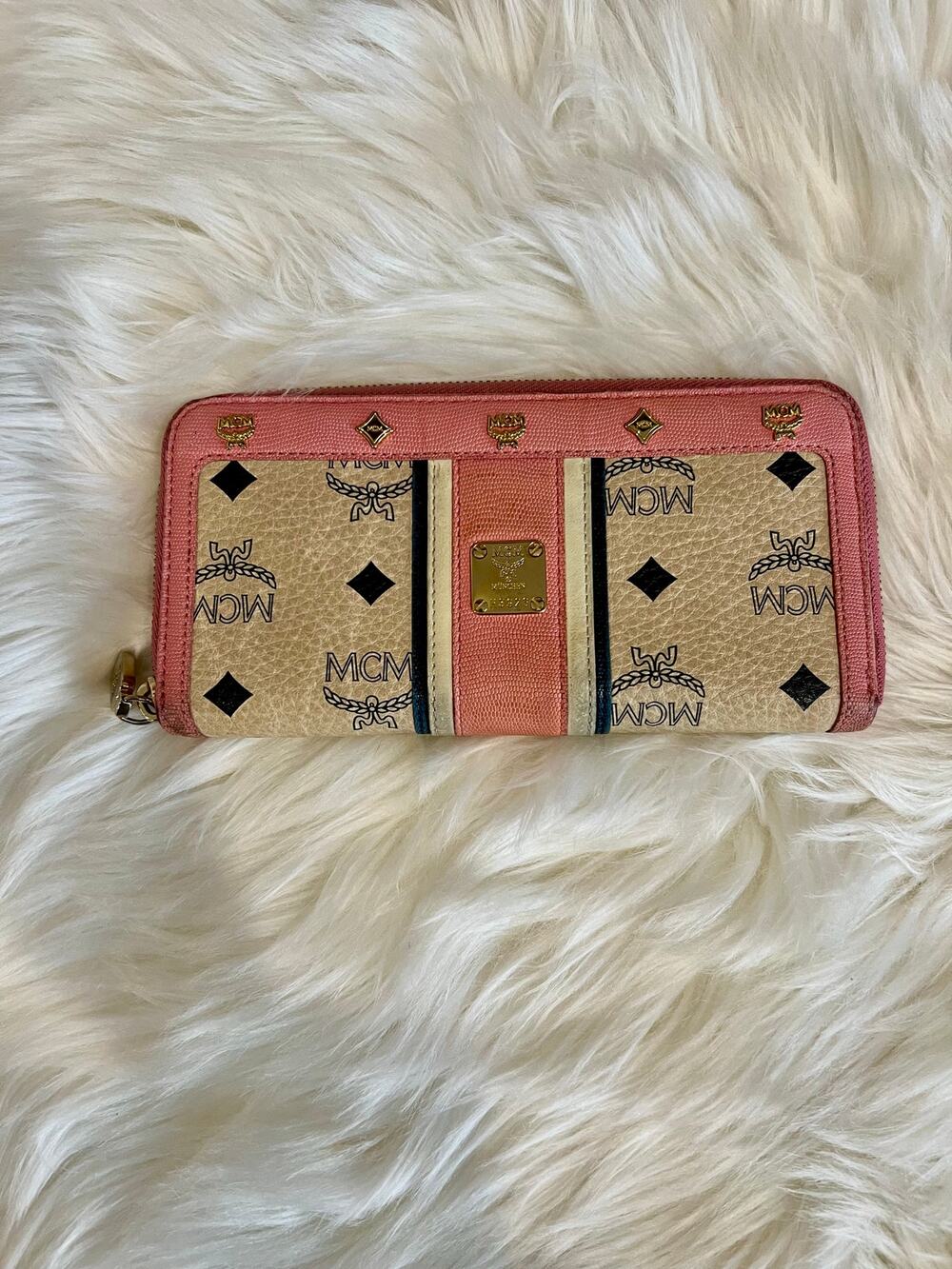 MCM Visetos Studded Continental Wallet Authentic Pink & Ivory Leather 8"x4" EUC